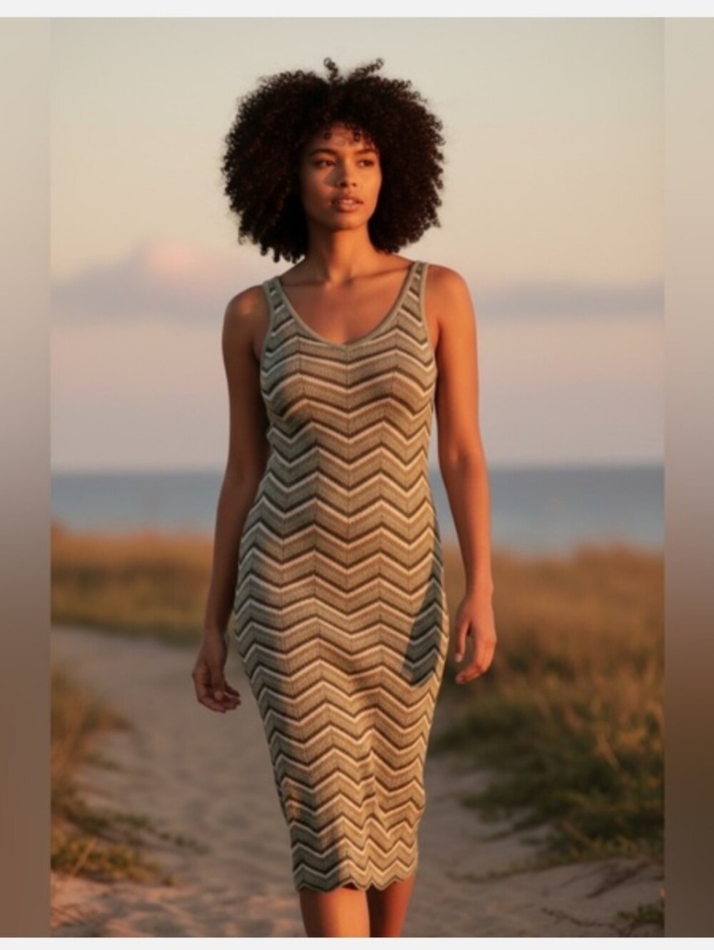 Cato Crochet Chevron Knit Midi Dress in Olive and Cream